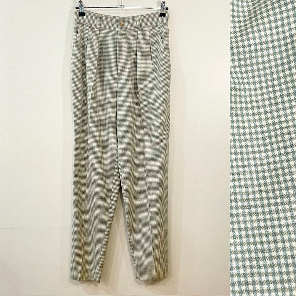Vintage 100% Wool Gingham Trouser Green Cream tag 10, 4-6/S fit EUC
